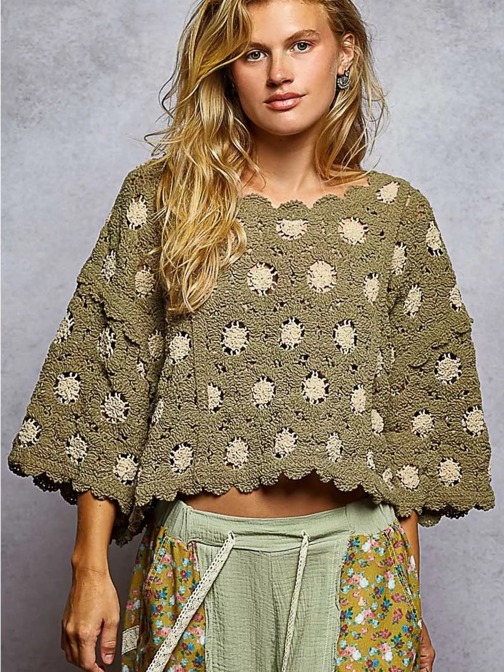 #338- POL Olive Crochet Spot Boxy Sweater with Cream Accents